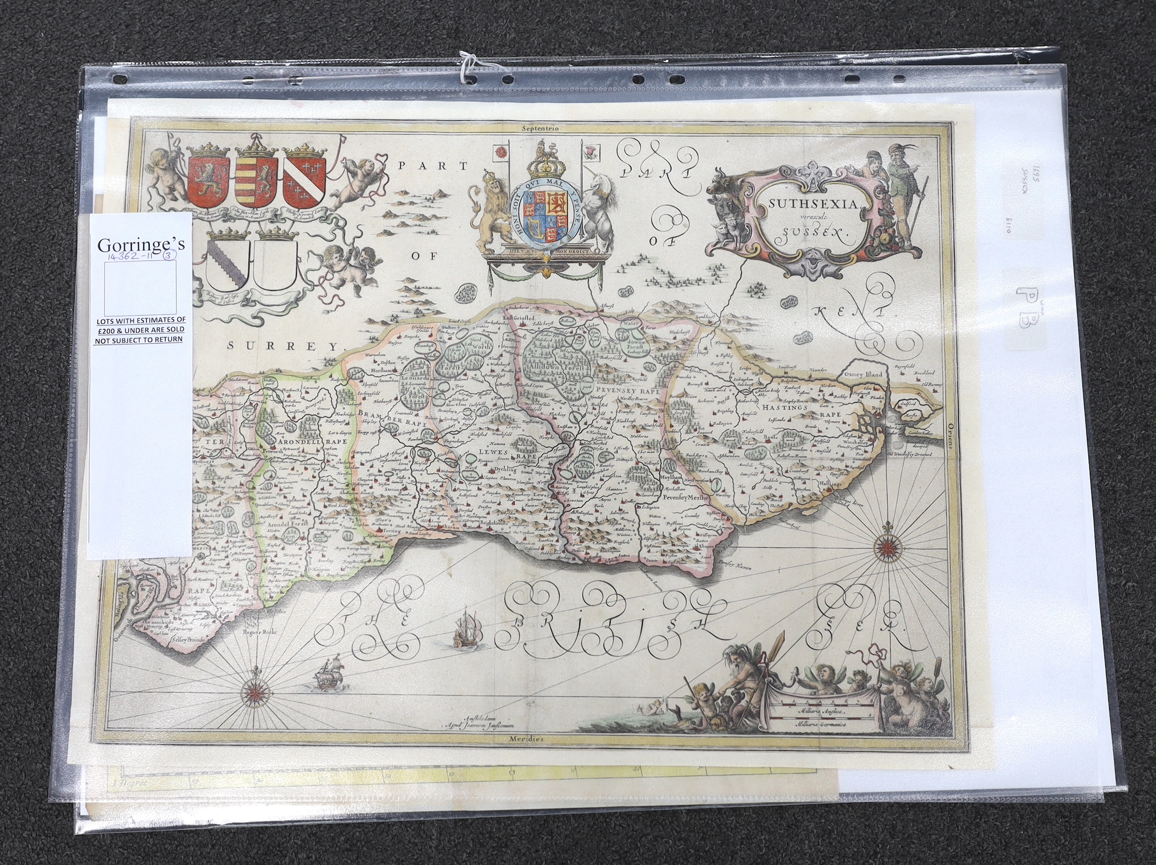 Three unframed 17th century maps of Sussex; Jan Jansson, 40 x 53cm, Robert Morden, 37 x 43cm and Norden & Kip, 29 x 45cm